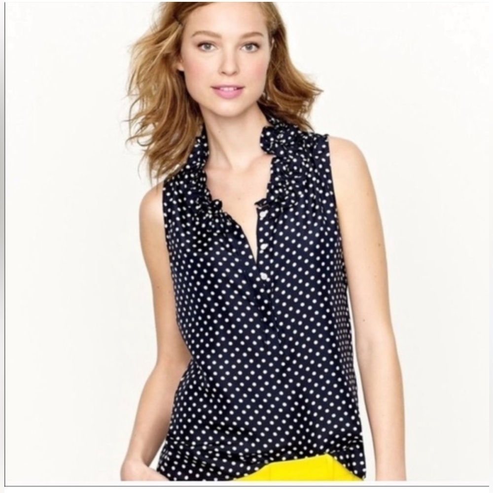 J Crew Navy Polka Dot Ruffle Sleeveless Top